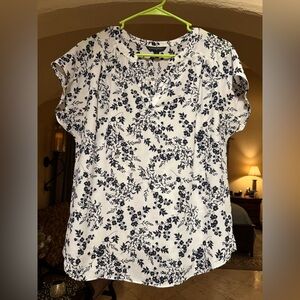 Banana Republic White Cap Sleeve Blouse with Navy Floral Print